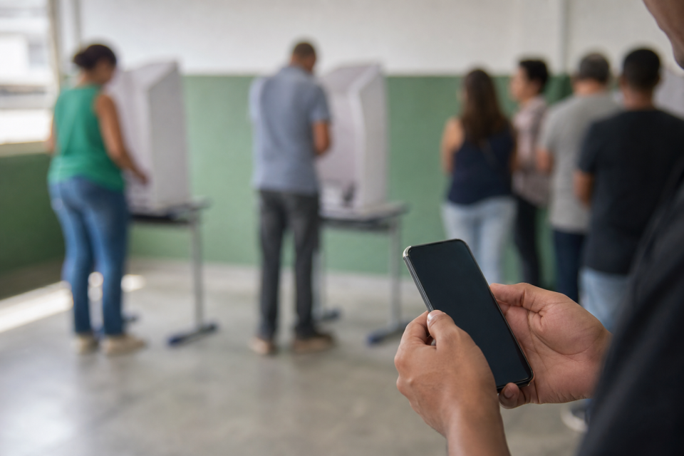Pessoa usando celular para consultar informações oficiais sobre as eleições diante de uma seção eleitoral